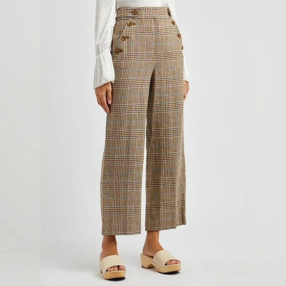 Veronica Beard Hunter Plaid Wide Leg Linen Blend Cropped Pants - Picture 1 of 14